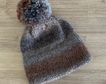 Double Brim Beanie with Yarn Pom Pom, Knit Brown & Blue Hat