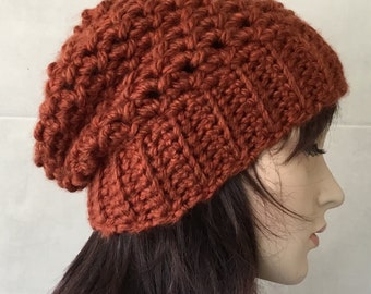 Copper Slouchy Beanie, Ladies Slouchy Beanie Hat, Crochet Beanie, Teens Slouch