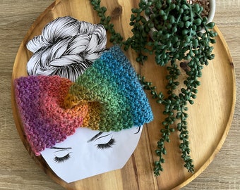 Rainbow Crochet Twist Ear Warmer, Adult winter twisted headband