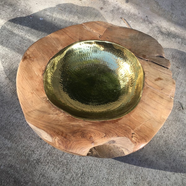 Natural Hand Hammered Teak Bowl - Brass