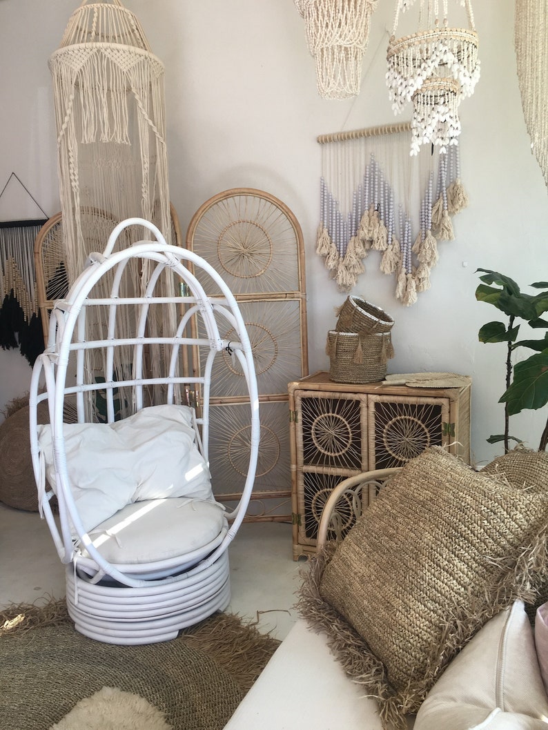 Vintage Style Rattan Swivel Egg Chair White | Etsy