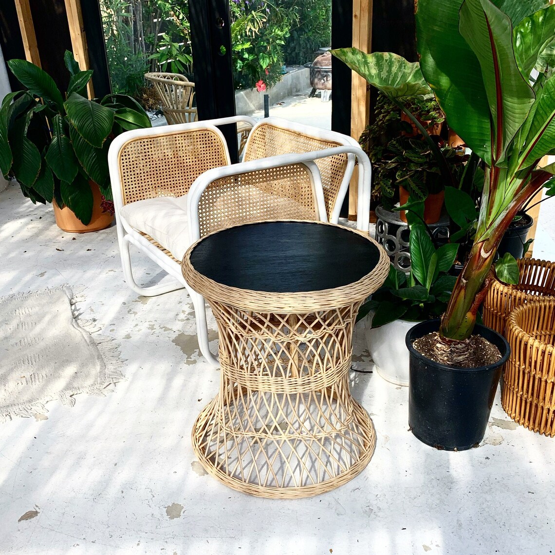 Lattice Wicker Rattan Table Black Etsy