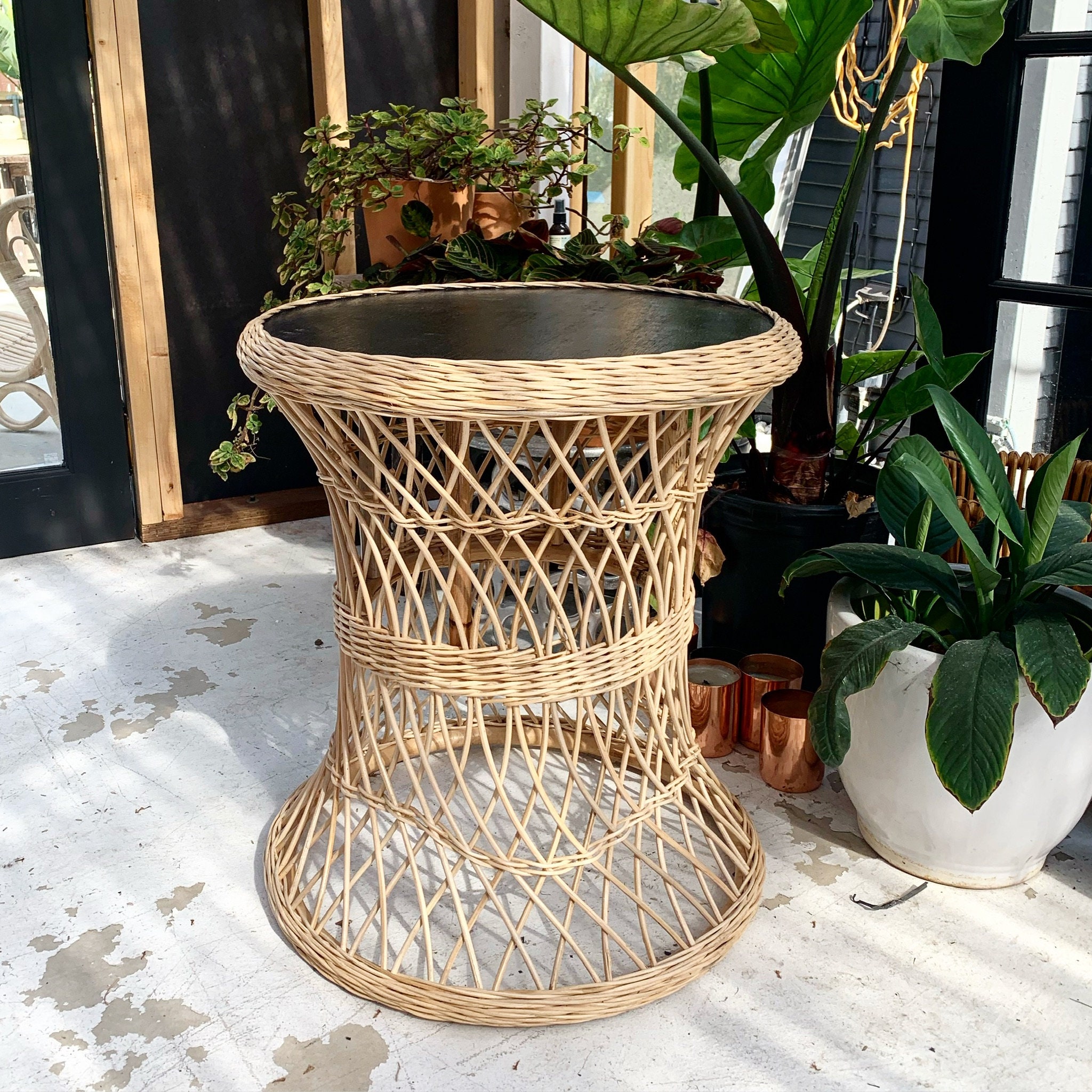 Lattice Wicker Rattan Table Black Etsy
