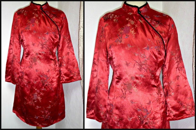 Vintage 60s Chinese Silk Flare Sleeve Mini Dress UK 14