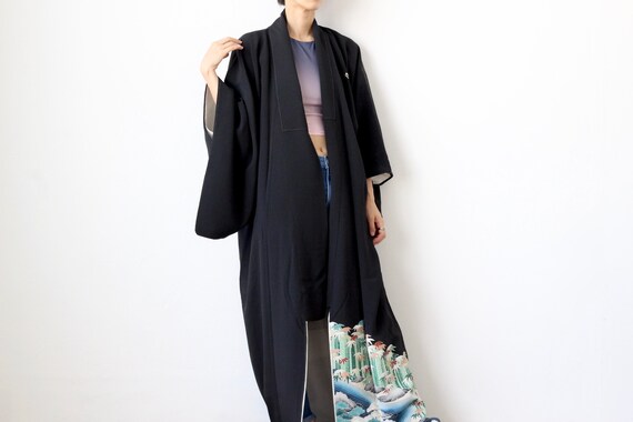 bamboo Tomesode kimono, black kimono, maxi kimono,