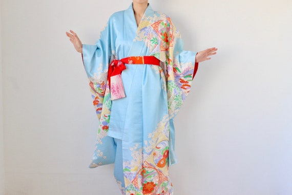 embroidered Furisode, maxi kimono, Japanese kimono