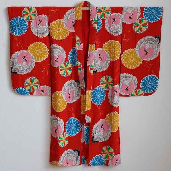 Girl's Kimono, Japanese kimono, kids kimono, Japanese fabric, red, crane /603