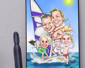 Beach Caricature - 1 -5 person custom caricature - includes a Summer / beach background and theming