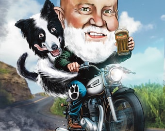 Motorcycle Riders Gift - Custom Caricature Including personalised illustration of their bike