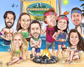 Family Caricature - Custom Caricature/Cartoon Portrait for 3-4 people - a Great Gift for Mom or Dad