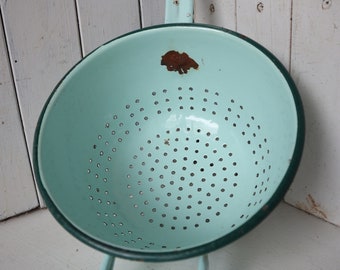 Mint Green Enamelware Colander / Pan Strainer - Vintage French