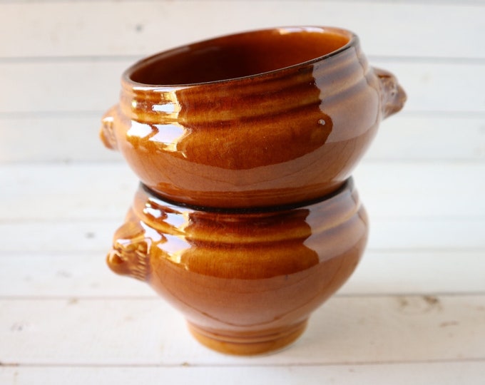 Vintage French Onion Soup Bowls With Lion's Head Motif Glazed Brown