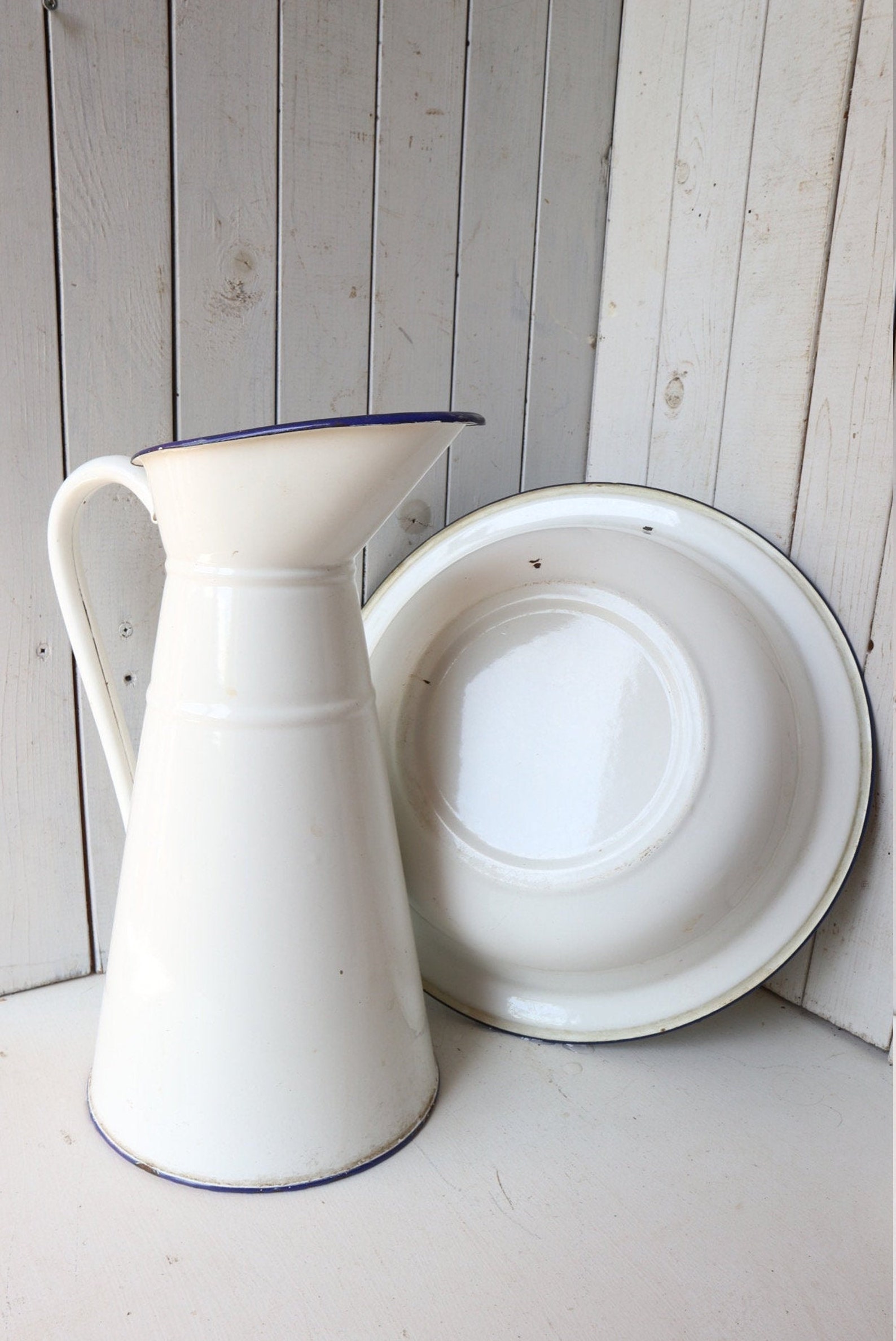 White Enamel Pitcher, Bowl & Soap-holder Set, Vintage French Enamelware ...