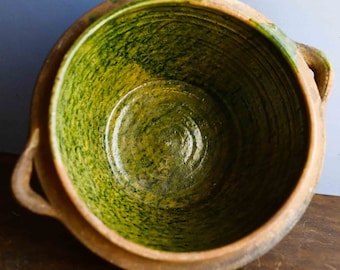 12" Rustic French Green Glazed Terracotta Earthenware Confit Bowl with Lid / Jatte / Tian / Gresale, French Kitchen Decor Sourdough Proving