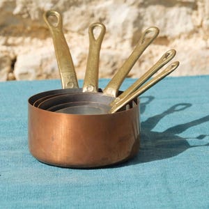 Small Copper Pan Set, French Copper Saucepans, Rustic Kitchen Decor, Vintage Copper Cookware, Country Cottage Farmhouse Decor, Set of 5
