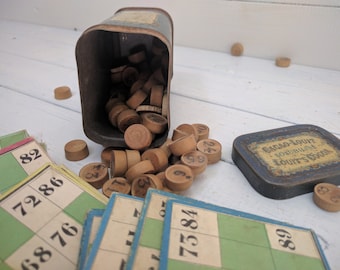 French Bingo Game, Vintage Lotto Set, Vintage Bingo Cards, Wooden Counters and Cocoa Tin - Vintage French Loto Set, Old Toys, Vintage Games