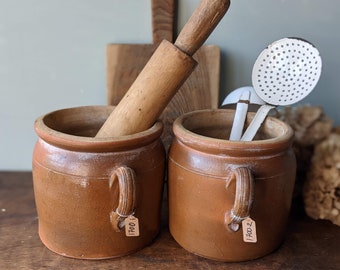 vintage Français Saltglaze Pot confit en grès 8 » Diamètre