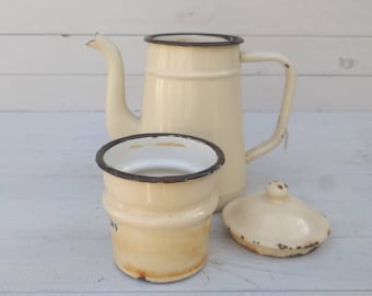 Cream & Black French Enamelware Biggin Coffee Pot, Enamel Kitchen Utensil Storage, Shabby Chic Modern Farmhouse Decor Vase