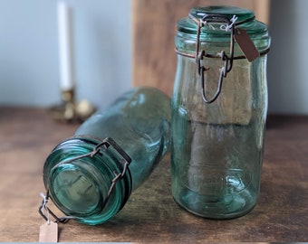 Vintage Canning Jar by Solidex - French Blue/Green Glass Metal Clasp, New Seals, Mason, Kilner, Ball