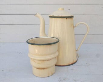 Cream & Green French Enamelware Coffee Pot Biggin, Enamel Kitchen Utensil Storage, Shabby Chic Modern Farmhouse Decor Vase