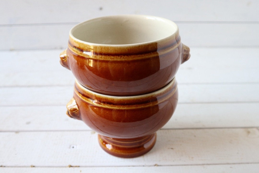 Vintage French Onion Soup Bowls With Lion's Head Motif Glazed Brown
