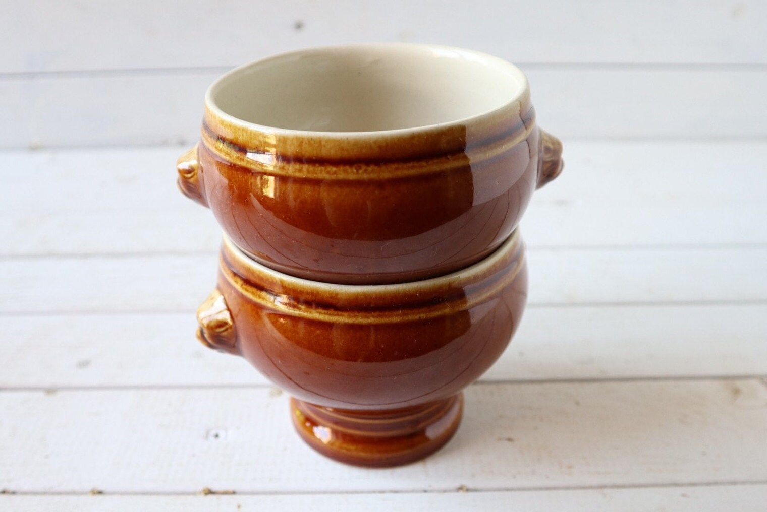 Vintage French Onion Soup Bowls With Lion's Head Motif Glazed Brown