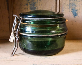 vintage 250ml Canning / Foie Gras Jar par Solidex - Fermoir de plaque en métal estampé en verre vert français, Nouveau sceau, Mason, Kilner, Ball