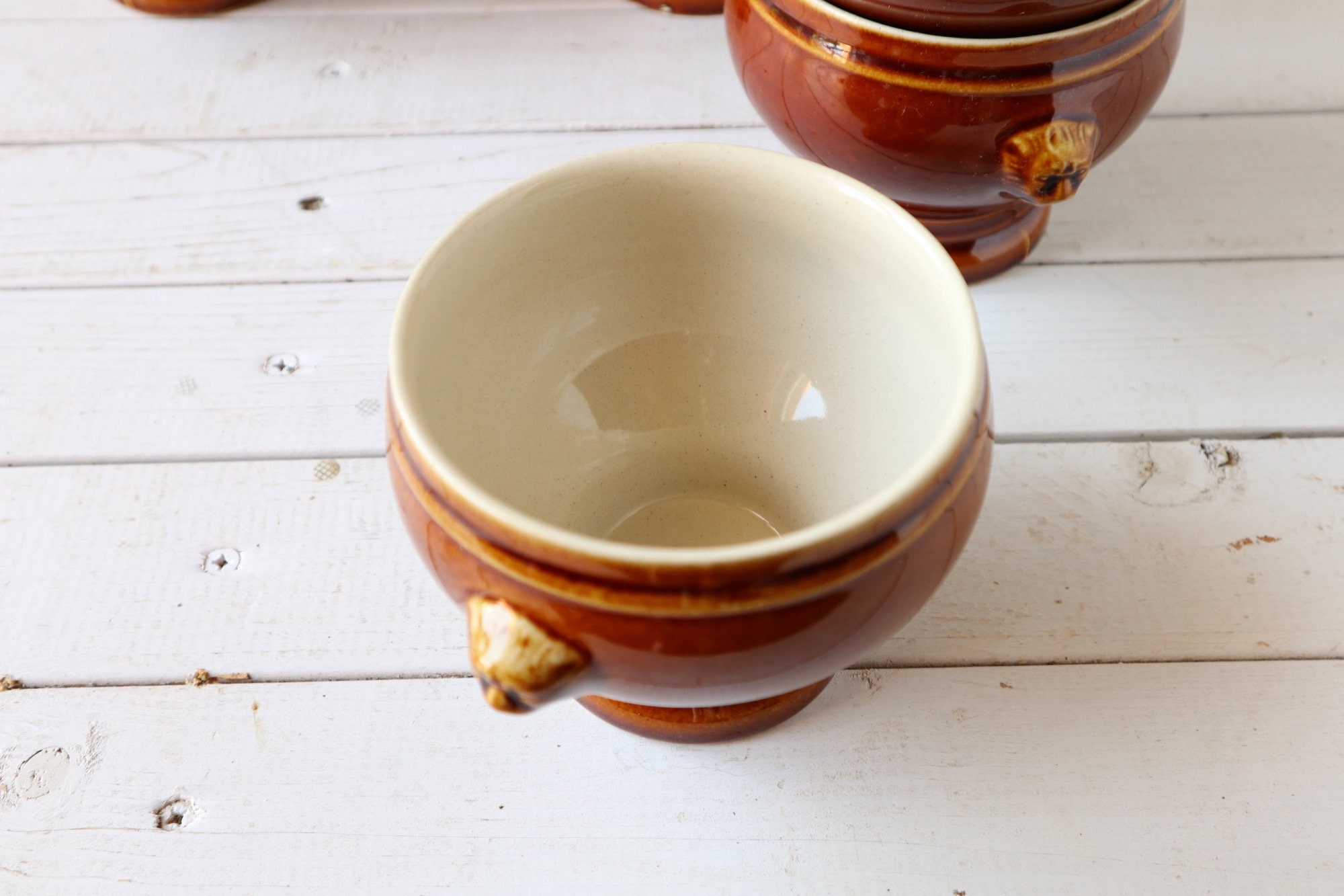Vintage French Onion Soup Bowls With Lion's Head Motif Glazed Brown