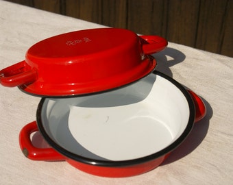 Red Enamelware Gratin Dishes, Pair - Vintage French