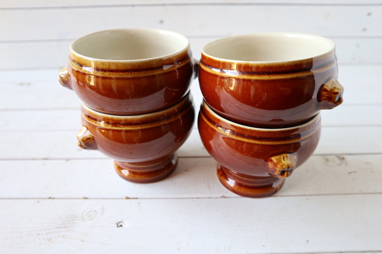 Vintage French Onion Soup Bowls With Lion's Head Motif Glazed Brown