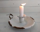 Enamelware Candleholder - Round in White Enamel, Vintage French Shabby Farmhouse DecorEnamelware