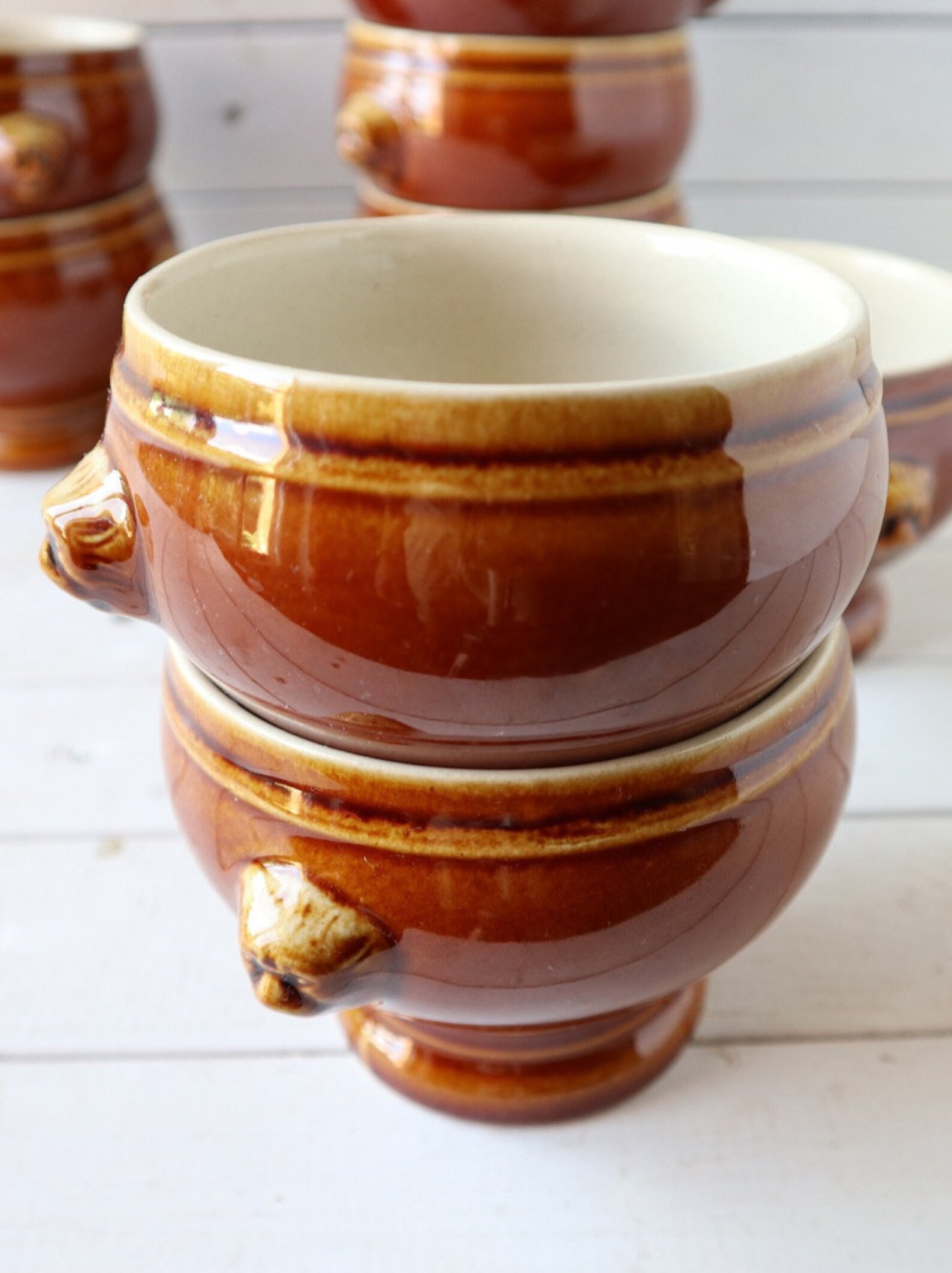 Vintage French Onion Soup Bowls With Lion's Head Motif Glazed Brown