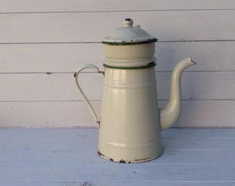 Coffee Filter Pot / Cafetiere, Cream with Green Detailing Enamelware, Vintage French