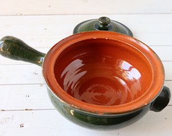 Green Provencal Ceramic Pan & Lid, Traditional French Cocotte