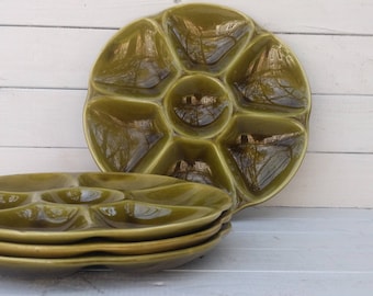 Pair of Gien Oyster Plates, Deep Olive Green Glaze, Vintage French Barbotine Majolica Serving Dishes Shellfish Fruits de Mer