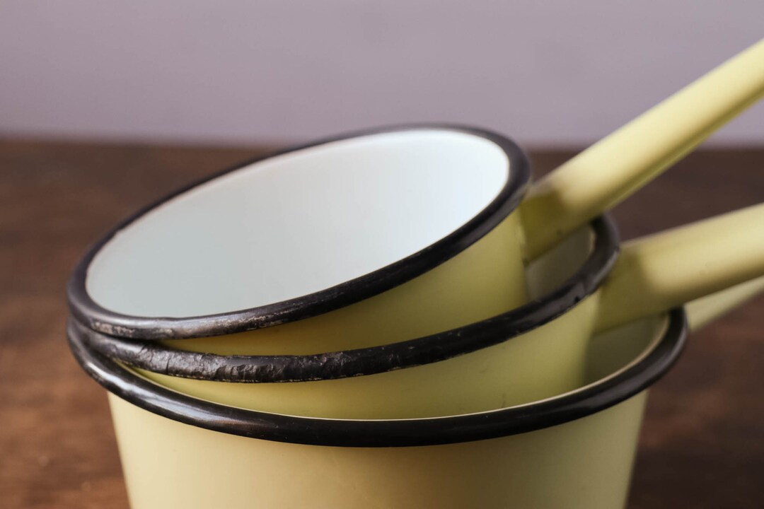 Set of Three Cream Enamelware Saucepans Vintage French Etsy