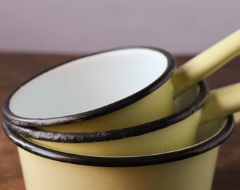 Set of three Cream Enamelware Saucepans - Vintage French 60's