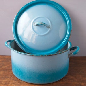 Blauw en blauwgroen geëmailleerde kookpot - Frans vintage