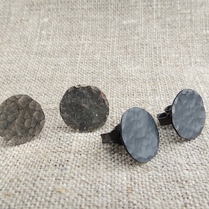 Rounded silver ear studs. Small unisex earrings, hammered. Unique, handmade. Silver, black or gold plated.