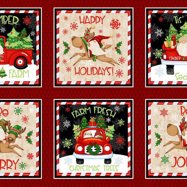 Timber Gnomies Tree Farm Gnome Christmas Blocks Panel Fabric by Shelly Comiskey from Henry Glass 301-88