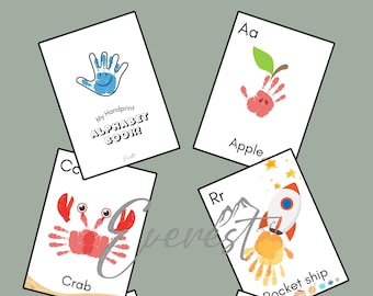 Könnte beinhalten: Ein Satz Alphabet-Flashcards für Kinder mit Handabdrücken. Jede Karte hat einen Buchstaben, ein Wort und eine Illustration. Die Karten beinhalten die Buchstaben A, C, R, X und Y.