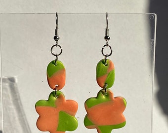 Handmade Polymer Clay Green and Orange Checkered Earrings