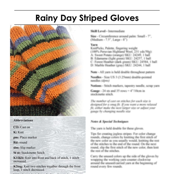 PDF Knitting Pattern for Rainy Day Striped Gloves - Digital Download