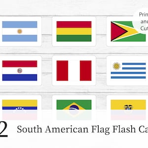 Bandeiras dos países da América do Sul, cartões flash, imprimir e cortar, PDF, bandeiras do mundo