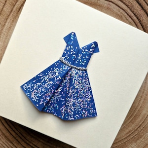 Karta origami/Origami niebieska sukienka karta/Ręcznie robiona karta okolicznościowa/Kartka z podziękowaniami na urodziny i rocznicę/Kartka dla dziewczynki/Origami/Kartka brokatowa