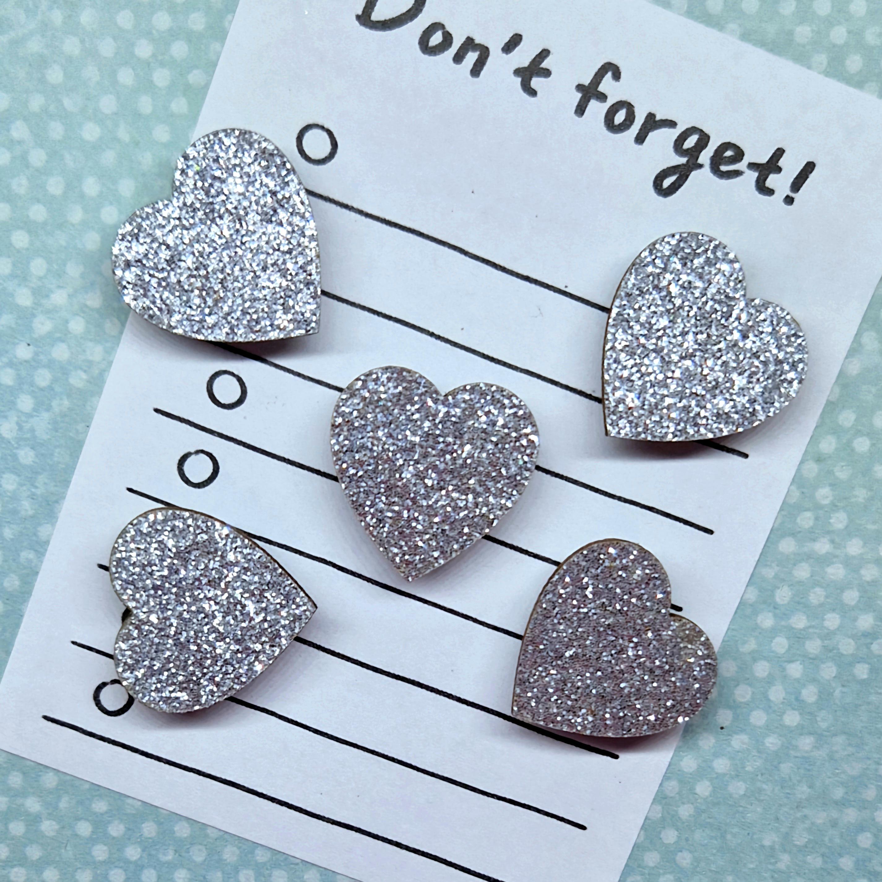 Silver Heart Magnets × 5/Wooden Heart Fridge Magnets/Memo Board Magnets/Glitter Heart Magnets