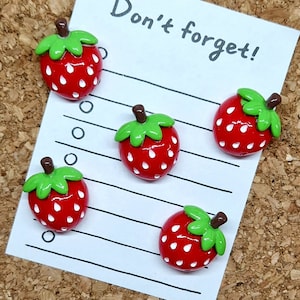 Strawberry Push Pins × 5/Red Cork Board Thumb Tacks/Birthday Gift/Teacher Gift/Fruit Push Pins/Novelty Decorative Push Pins