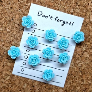 May include: A white card with the text "Don't forget!" written in black marker. The card is pinned to a cork board with nine light blue rose push pins.