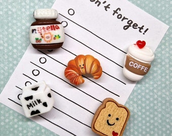 Lot de 5 aimants Petit-déjeuner × 5 aimants, croissant, chocolat, café au lait, aimants pour réfrigérateur, aimants pour tableau