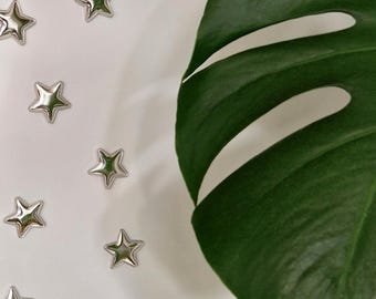 以下が含まれることがあります： 白い背景に散りばめられた光沢のある銀色の星のコレクションと、大きな緑色のモンステラの葉。星は金属的な輝きを放ち、光を反射しています。葉には特徴的な穴があります。
